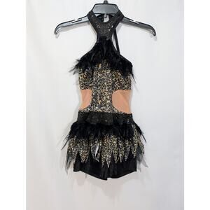 Awish Come True Black Gold Sequin Dance Costume Feather Trim SA Jazz Lyrical